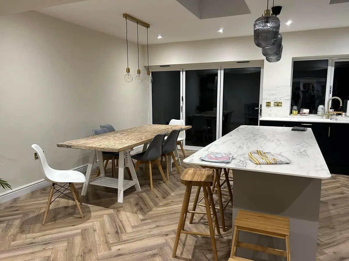 Completed open-plan kitchen diner in a Wombourne single storey extension