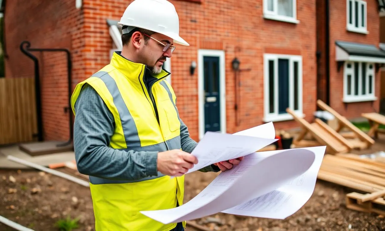 Trusted Wolverhampton builder reviewing plans on a residential extension site